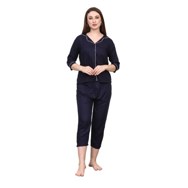 Navy Blue Women Capri Night Suit Set